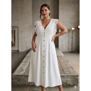 ​Highline Collective XL Linen Blend Button-Front Midi Dress Guipure Lace Sleeve